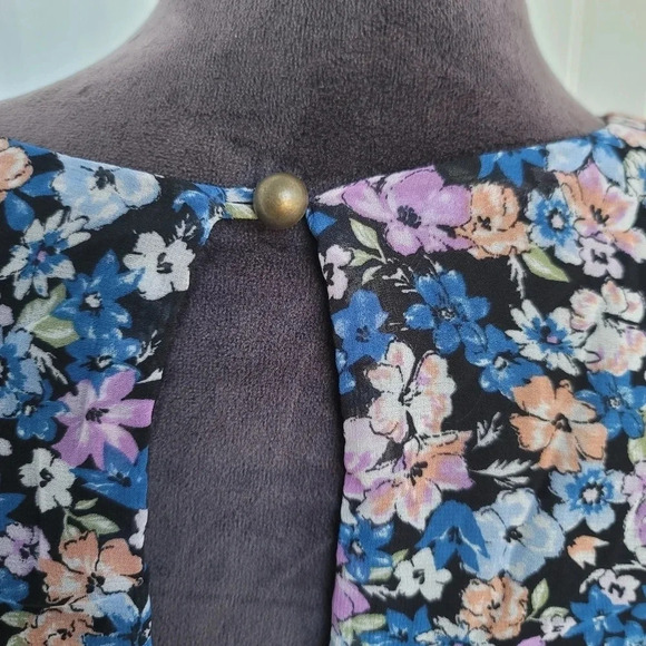 Allison & Kelly Dress Womens Blue Floral Short Slv Keyhole Mesh Rutched Ruffle M - Picture 12 of 16